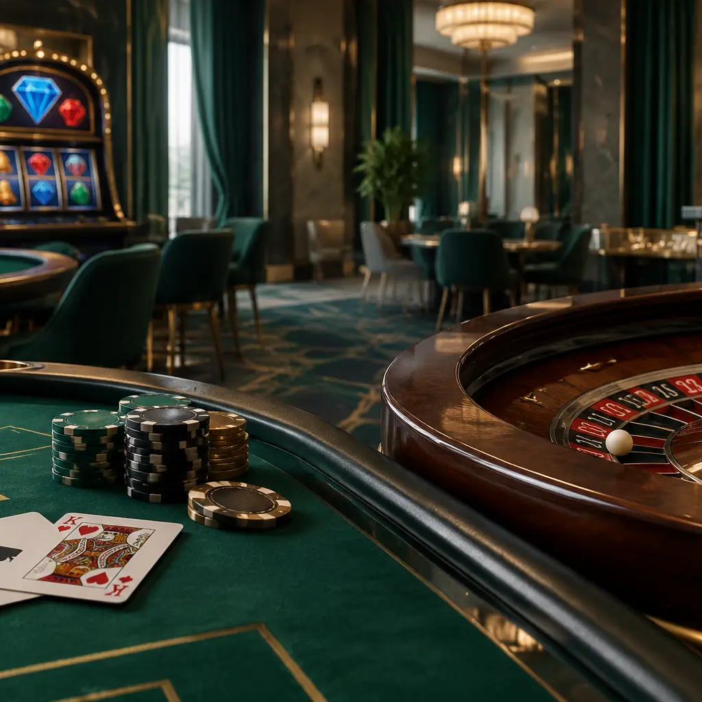 Meja blackjack, roda roulette, dan mesin slot di ruang kasino bernuansa hijau kabut