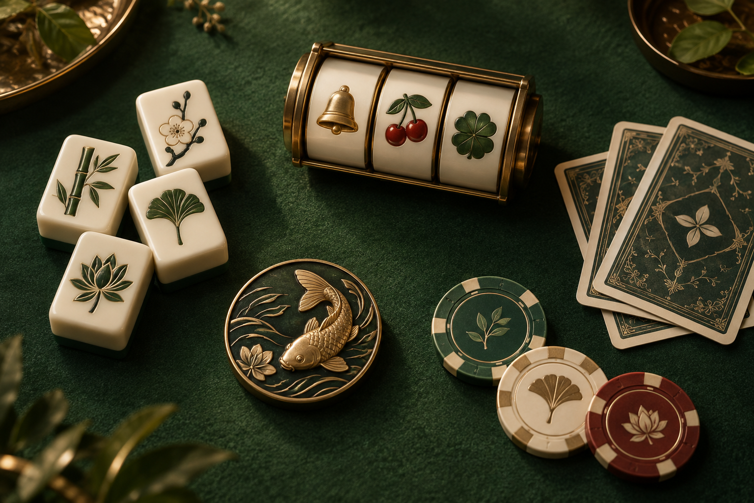 Ilustrasi gulungan slot, kartu, chip dan ubin permainan di meja kasino