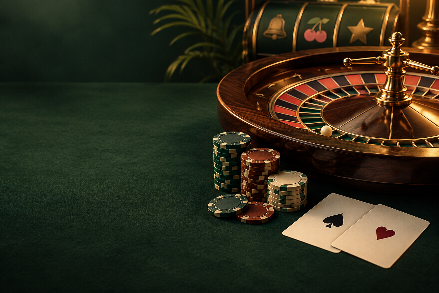 Ilustrasi roda roulette, chip dan kartu di meja kasino